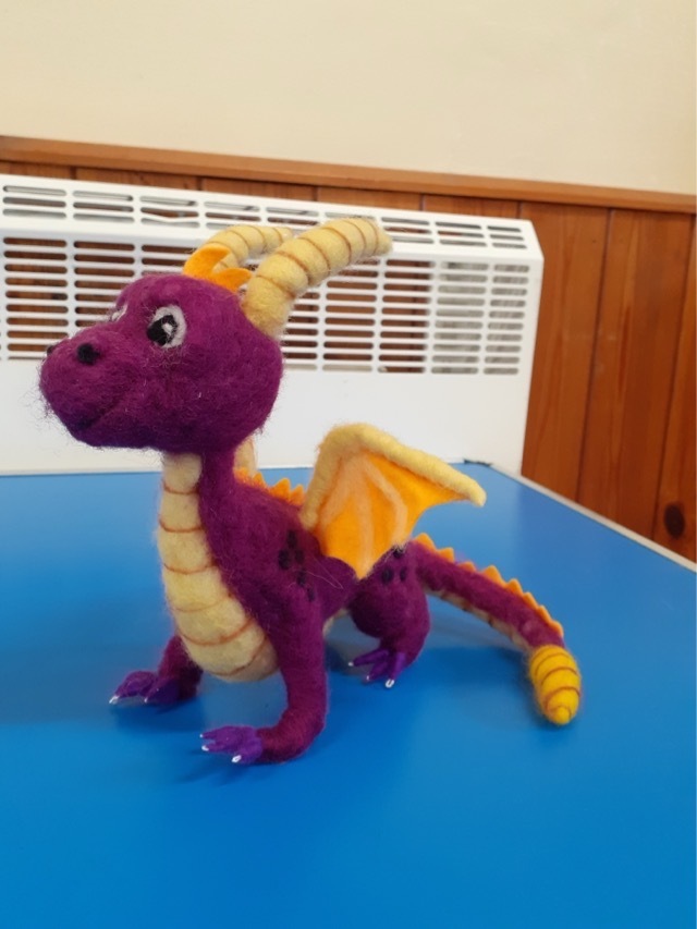 Sheila has also made a felted purple dragon. It looks fantastic and was reproduced from photograph.